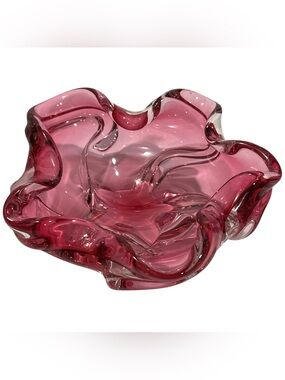 Vintage 1960s Josef Hospodka Raspberry Pink Art Glass Floral Vase Centerpiece
